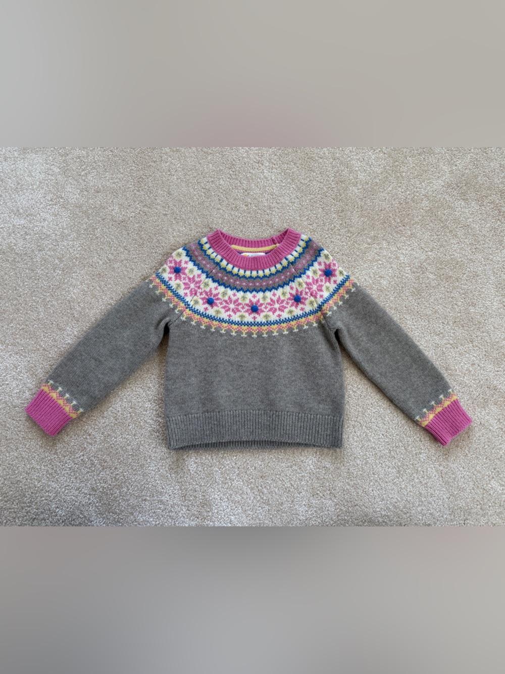 Mini Boden Gray Sweater with Pink, Blue and Yellow Fair Isle Yoke